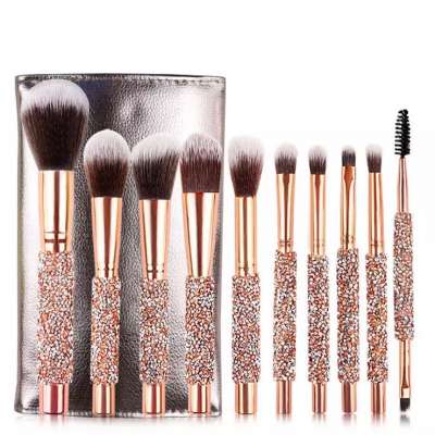 Free sample custom logo 10pcs rose gold luxury diamond crystal makeup brushes with PU bag